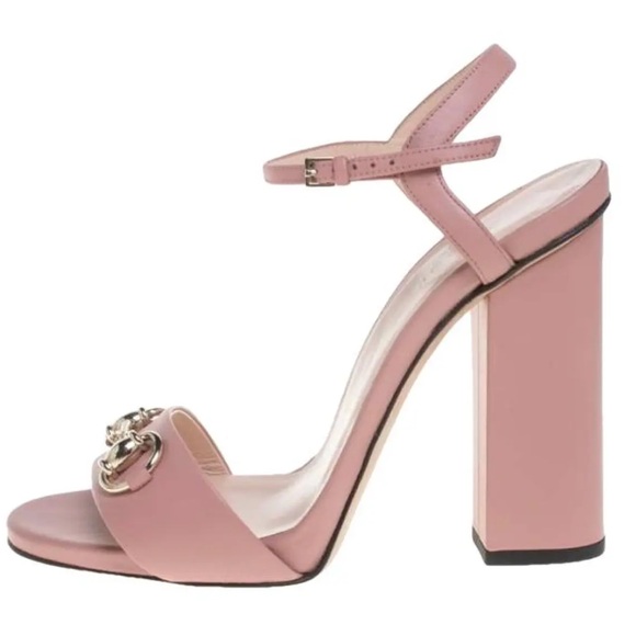 Authentic Gucci Pink Leather Horsebit Ankle Strap Platform Heels Sandals - Picture 1 of 11